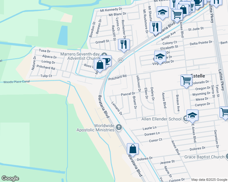 map of restaurants, bars, coffee shops, grocery stores, and more near 3933 Acadian Court in Marrero