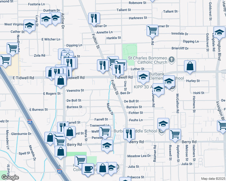 map of restaurants, bars, coffee shops, grocery stores, and more near 90 Veenstra Street in Houston