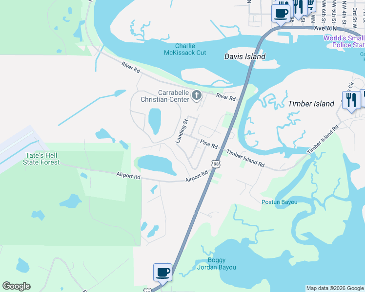 map of restaurants, bars, coffee shops, grocery stores, and more near 1681 Landing Street in Carrabelle