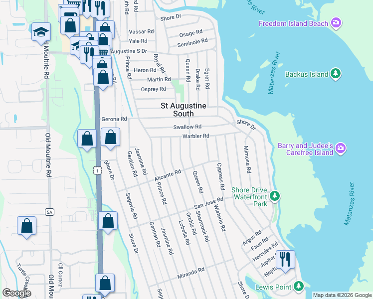 map of restaurants, bars, coffee shops, grocery stores, and more near 616 Queen Road in St. Augustine