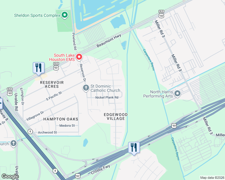 map of restaurants, bars, coffee shops, grocery stores, and more near 14723 Scenic Sky Way in Houston