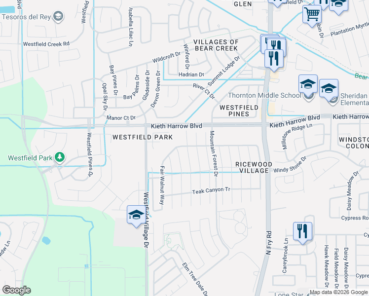 map of restaurants, bars, coffee shops, grocery stores, and more near 5058 Ivy Fair Way in Katy