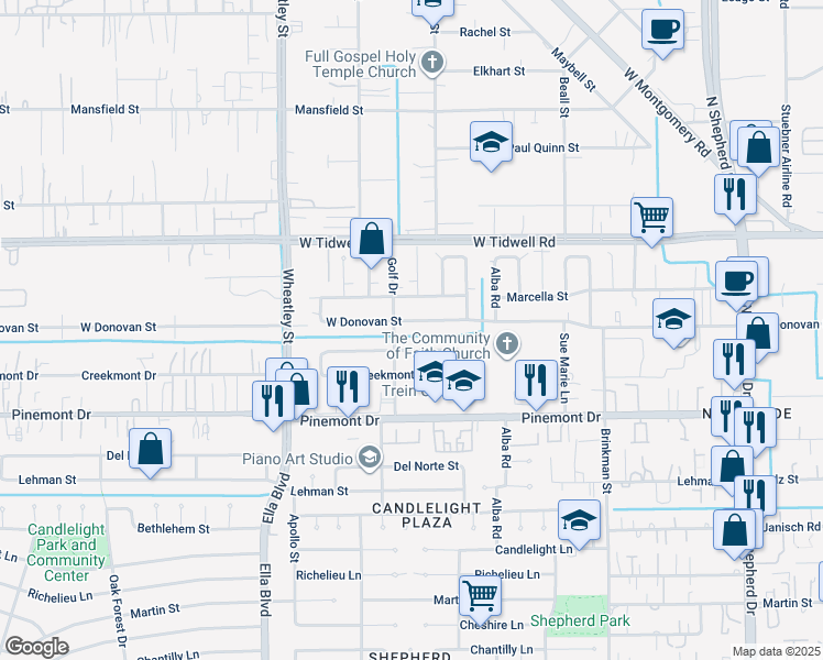 map of restaurants, bars, coffee shops, grocery stores, and more near 1055 West Donovan Street in Houston