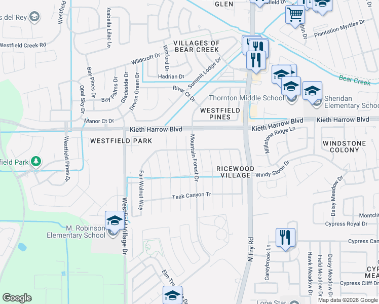 map of restaurants, bars, coffee shops, grocery stores, and more near 5054 Lamppost Hill Court in Katy