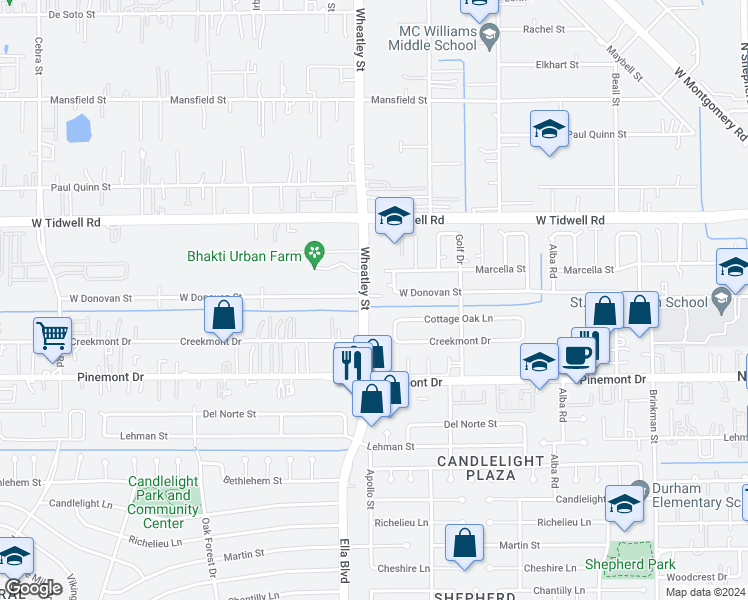 map of restaurants, bars, coffee shops, grocery stores, and more near 5402 Wheatley Street in Houston