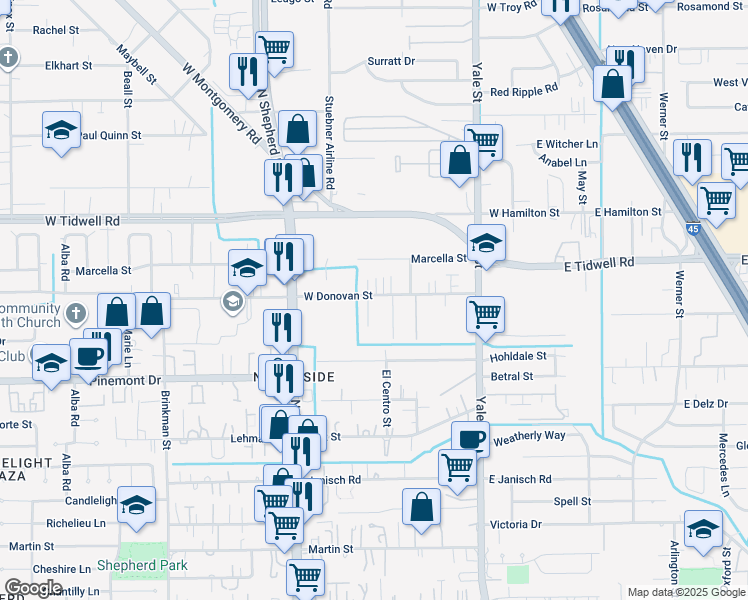 map of restaurants, bars, coffee shops, grocery stores, and more near 581 West Donovan Street in Houston