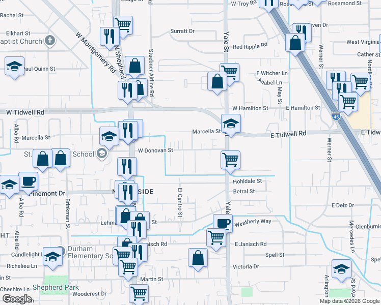 map of restaurants, bars, coffee shops, grocery stores, and more near 405 West Donovan Street in Houston