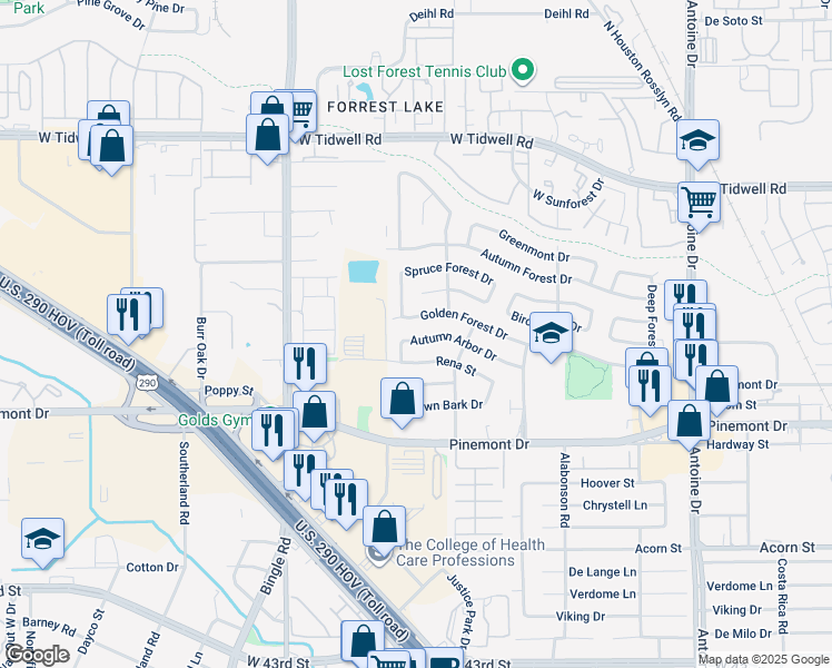 map of restaurants, bars, coffee shops, grocery stores, and more near 6226 Autumn Arbor Drive in Houston