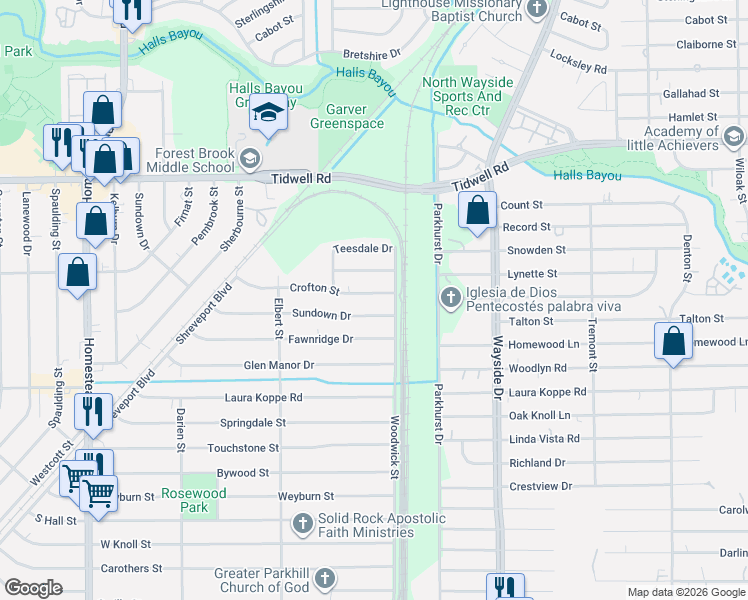 map of restaurants, bars, coffee shops, grocery stores, and more near 7622 Crofton Street in Houston
