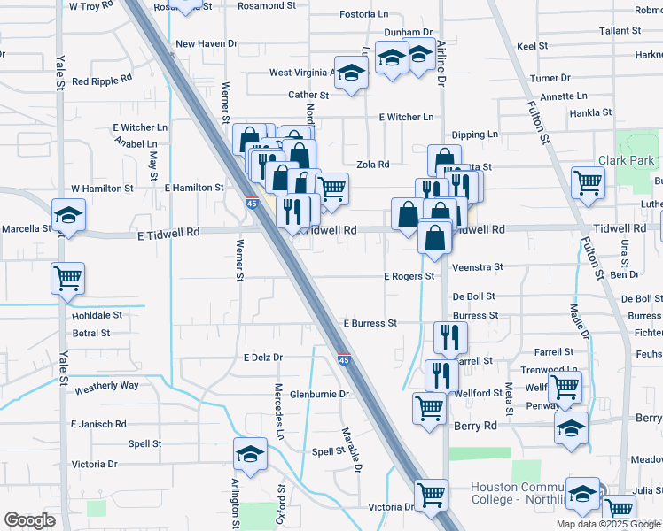 map of restaurants, bars, coffee shops, grocery stores, and more near 703 East Rogers Street in Houston
