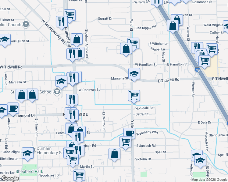 map of restaurants, bars, coffee shops, grocery stores, and more near 405 West Donovan Street in Houston