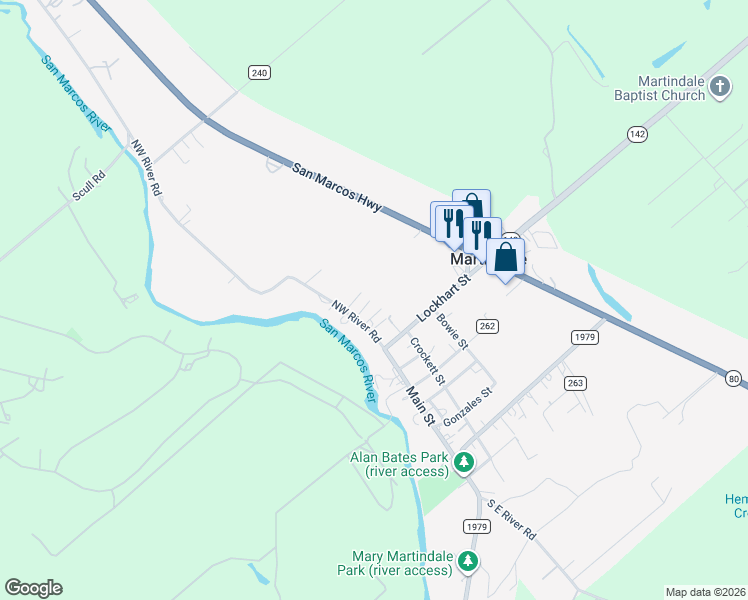 map of restaurants, bars, coffee shops, grocery stores, and more near 210 Northwest River Road in Martindale