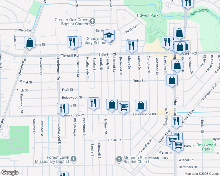 map of restaurants, bars, coffee shops, grocery stores, and more near 9108 Dandy Street in Houston
