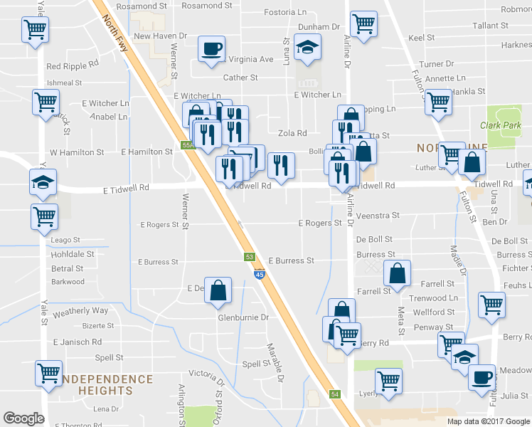 map of restaurants, bars, coffee shops, grocery stores, and more near 703 East Rogers Street in Houston