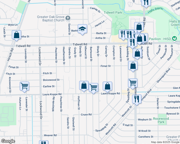 map of restaurants, bars, coffee shops, grocery stores, and more near 9101 Bertwood Street in Houston