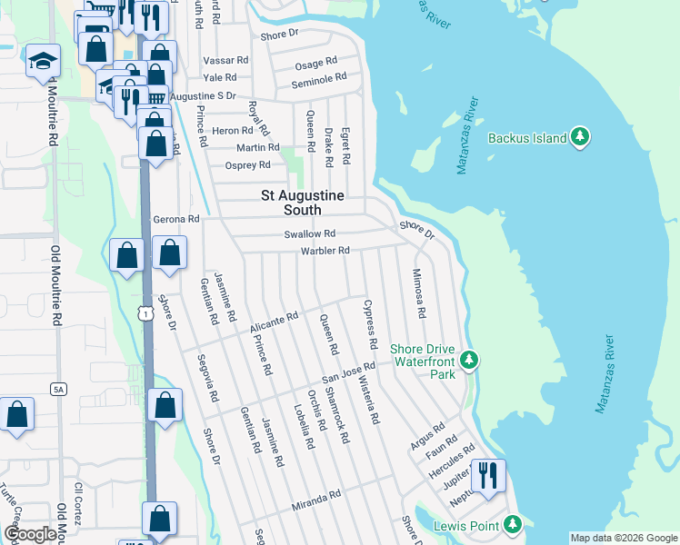 map of restaurants, bars, coffee shops, grocery stores, and more near 112 Aspen Road in St. Augustine