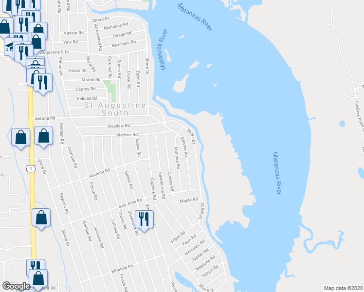 map of restaurants, bars, coffee shops, grocery stores, and more near 816 Gerona Rd in St Augustine