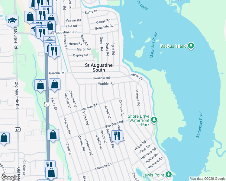 map of restaurants, bars, coffee shops, grocery stores, and more near 112 Aspen Road in St. Augustine