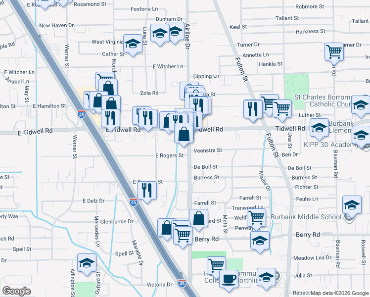 map of restaurants, bars, coffee shops, grocery stores, and more near 5307 Airline Drive in Houston