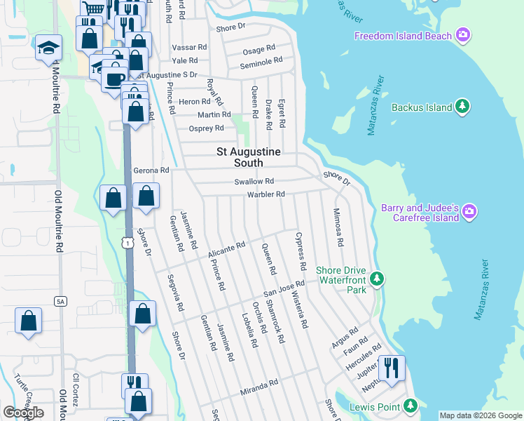 map of restaurants, bars, coffee shops, grocery stores, and more near 616 Queen Road in St. Augustine