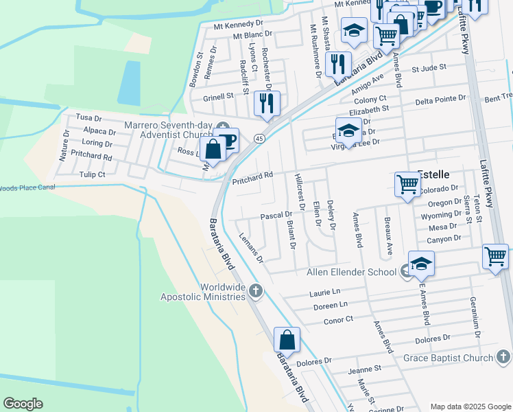 map of restaurants, bars, coffee shops, grocery stores, and more near 3933 Acadian Court in Marrero