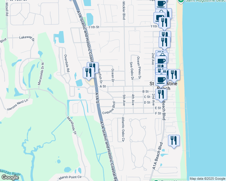 map of restaurants, bars, coffee shops, grocery stores, and more near 512 B Street in St. Augustine