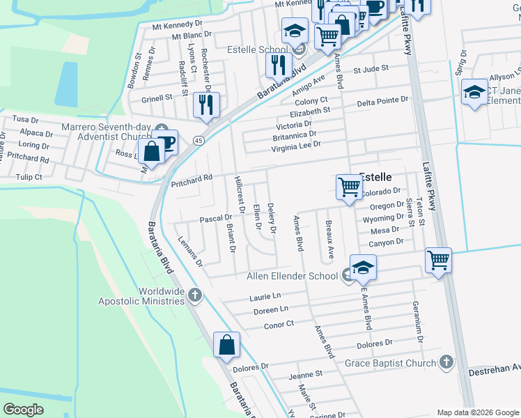 map of restaurants, bars, coffee shops, grocery stores, and more near 3937 Ellen Drive in Marrero
