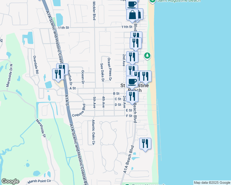 map of restaurants, bars, coffee shops, grocery stores, and more near 218 B Street in St. Augustine Beach