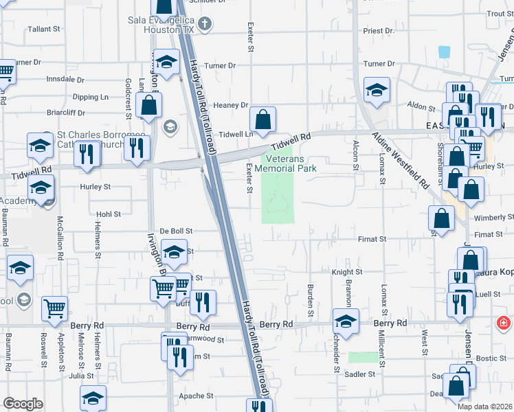 map of restaurants, bars, coffee shops, grocery stores, and more near 1725 Hector Street in Houston