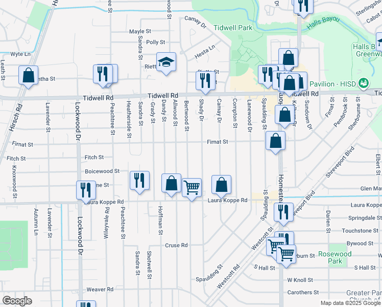 map of restaurants, bars, coffee shops, grocery stores, and more near 9101 Bertwood Street in Houston