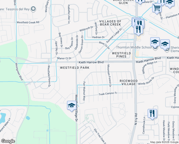 map of restaurants, bars, coffee shops, grocery stores, and more near 20622 Ricewood Village Trail in Katy