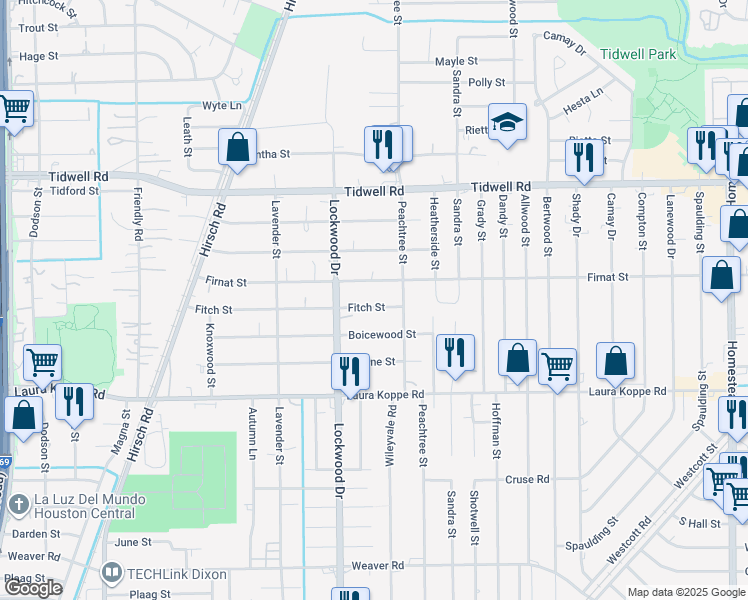 map of restaurants, bars, coffee shops, grocery stores, and more near 5015 Fitch Street in Houston