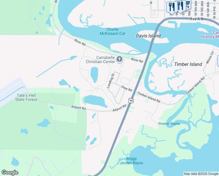 map of restaurants, bars, coffee shops, grocery stores, and more near 1695 Landing Street in Carrabelle