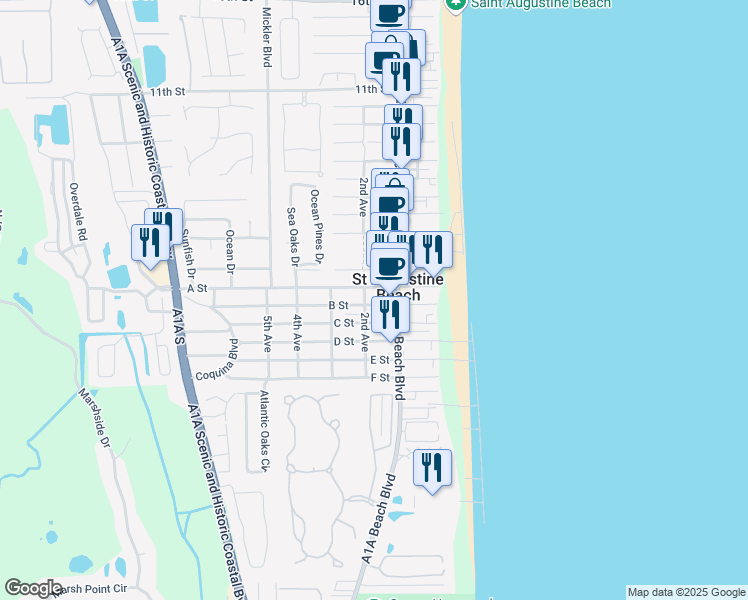 map of restaurants, bars, coffee shops, grocery stores, and more near 116 B Street in St. Augustine