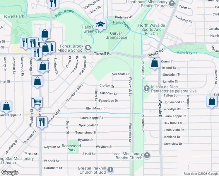 map of restaurants, bars, coffee shops, grocery stores, and more near 7542 Crofton Street in Houston
