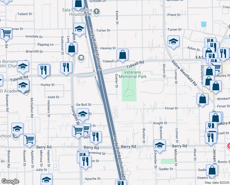 map of restaurants, bars, coffee shops, grocery stores, and more near 1725 Hector Street in Houston