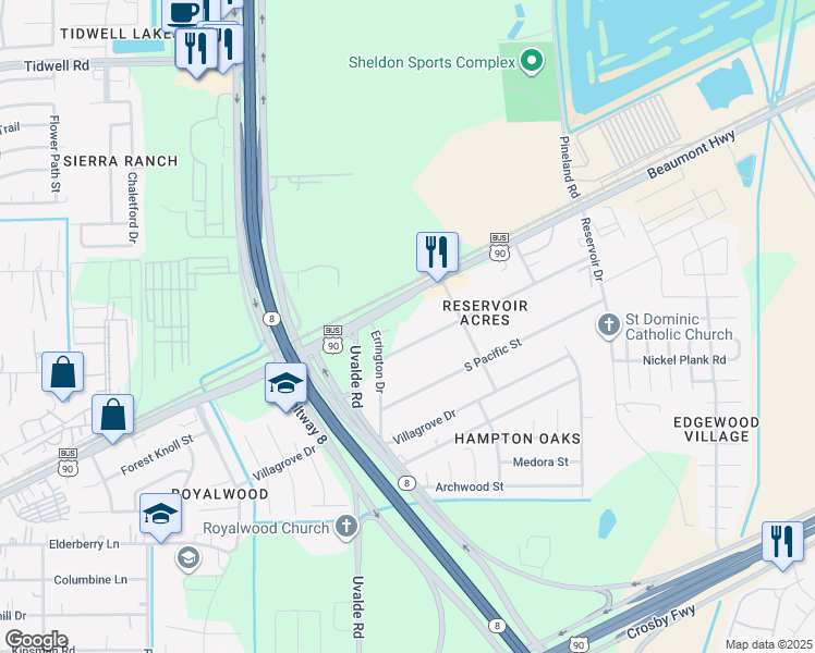 map of restaurants, bars, coffee shops, grocery stores, and more near 13917 Forest Knoll Street in Houston