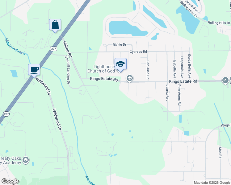 map of restaurants, bars, coffee shops, grocery stores, and more near 1295 Kings Estate Road in St. Augustine