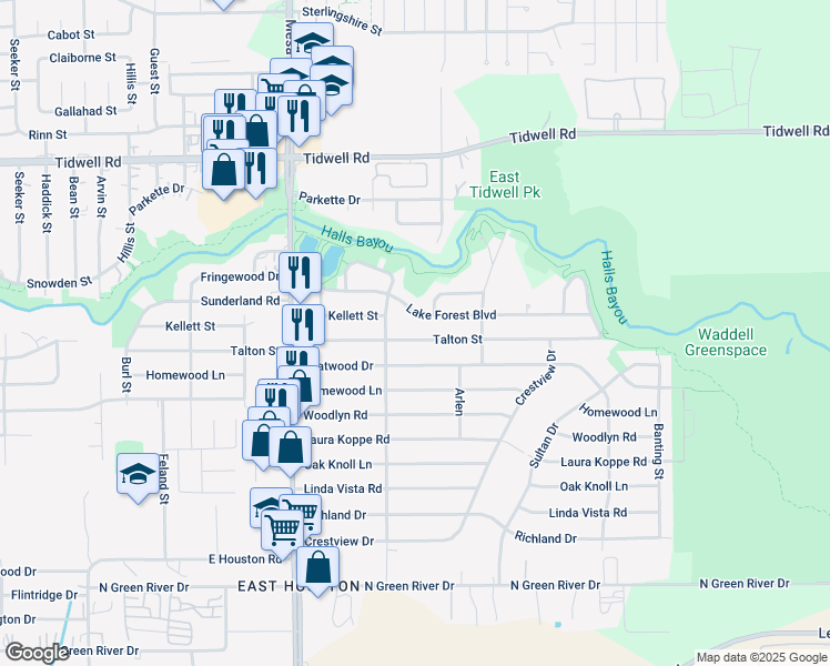 map of restaurants, bars, coffee shops, grocery stores, and more near 9021 Talton Street in Houston