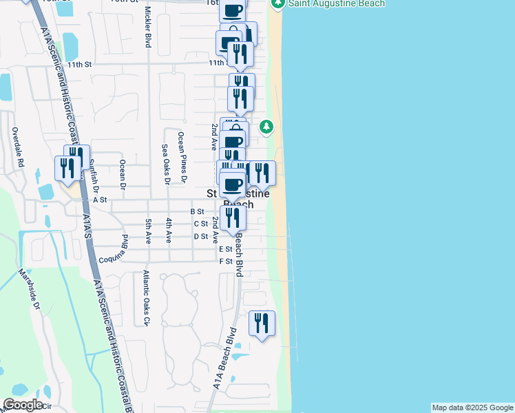map of restaurants, bars, coffee shops, grocery stores, and more near 1 B Street in St. Augustine