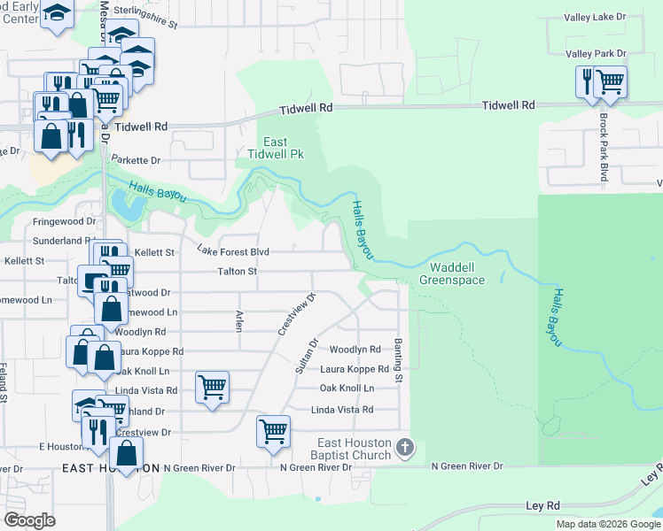 map of restaurants, bars, coffee shops, grocery stores, and more near 9329 Talton Street in Houston