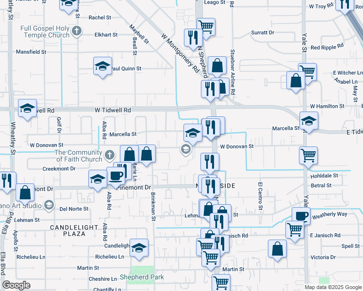 map of restaurants, bars, coffee shops, grocery stores, and more near 808 West Donovan Street in Houston