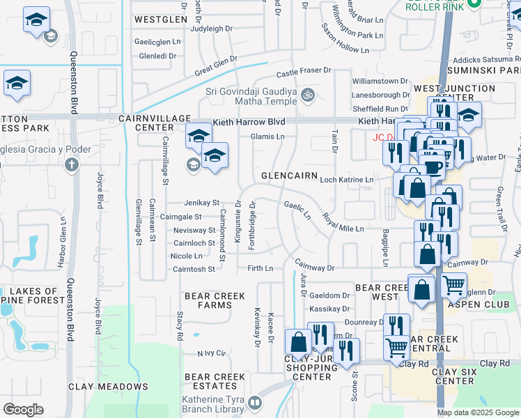 map of restaurants, bars, coffee shops, grocery stores, and more near 16710 Forthbridge Court in Houston