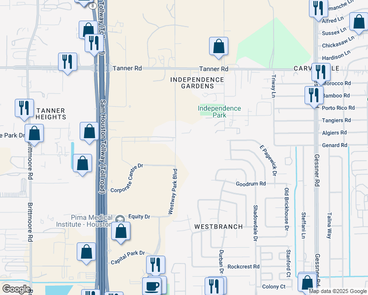 map of restaurants, bars, coffee shops, grocery stores, and more near 5150 Westway Park Boulevard in Houston