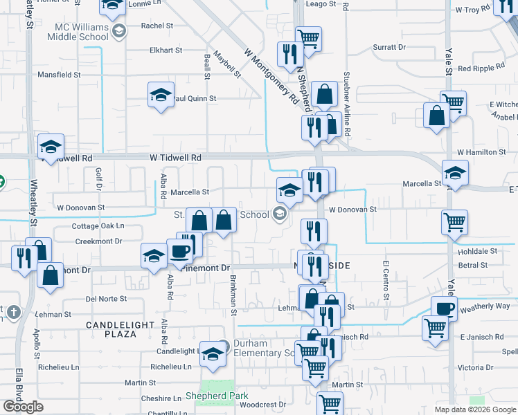 map of restaurants, bars, coffee shops, grocery stores, and more near 912 West Donovan Street in Houston