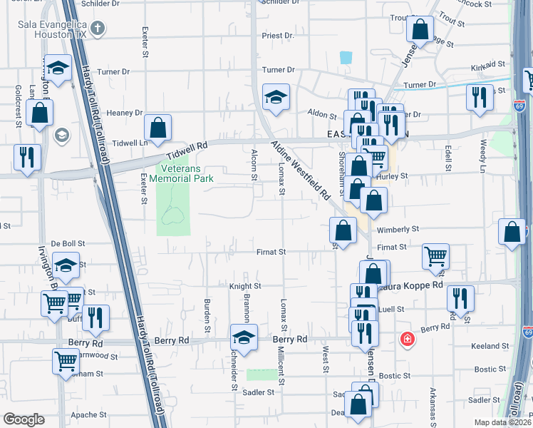 map of restaurants, bars, coffee shops, grocery stores, and more near 2313 Hector Street in Houston