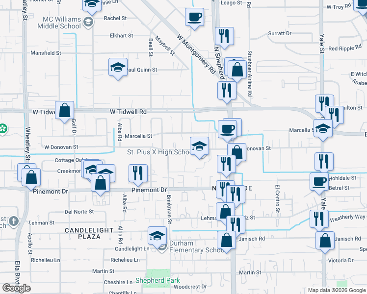 map of restaurants, bars, coffee shops, grocery stores, and more near 912 West Donovan Street in Houston