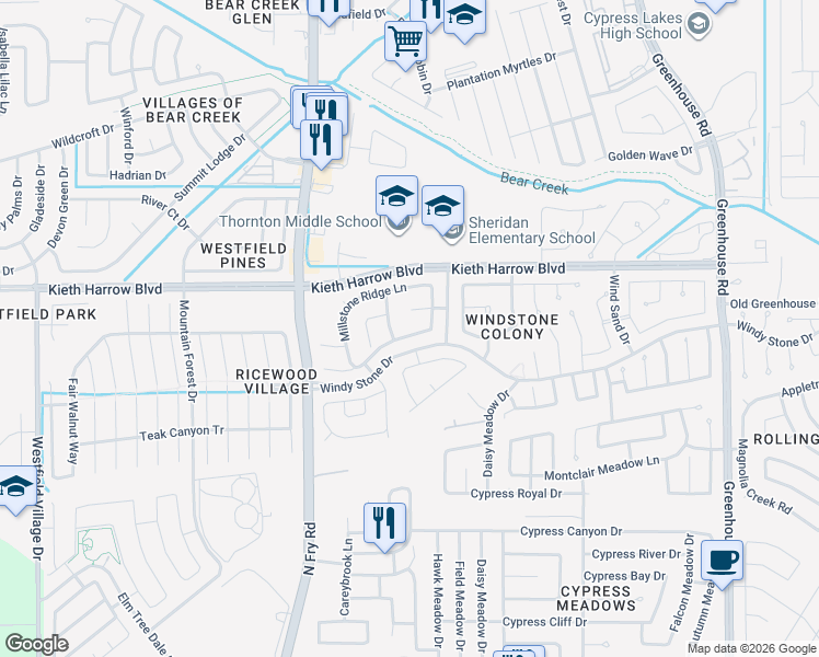 map of restaurants, bars, coffee shops, grocery stores, and more near 19727 Diamond Hills Lane in Katy