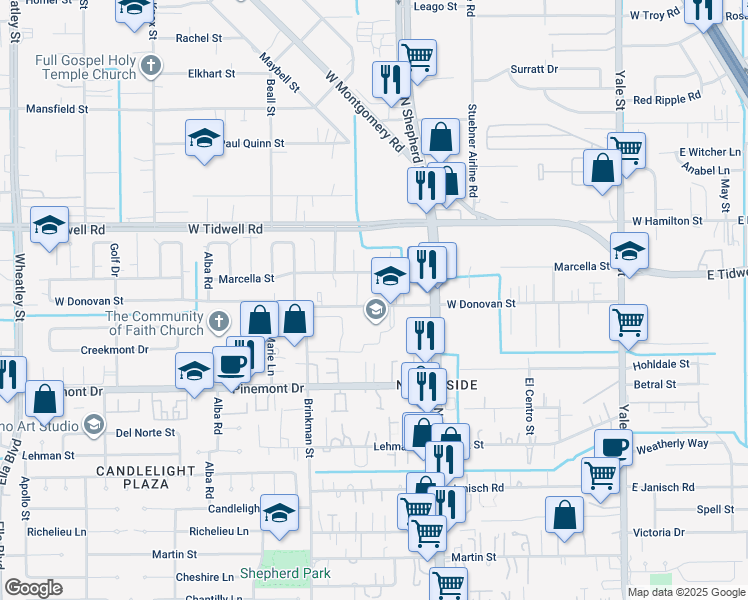 map of restaurants, bars, coffee shops, grocery stores, and more near 808 West Donovan Street in Houston