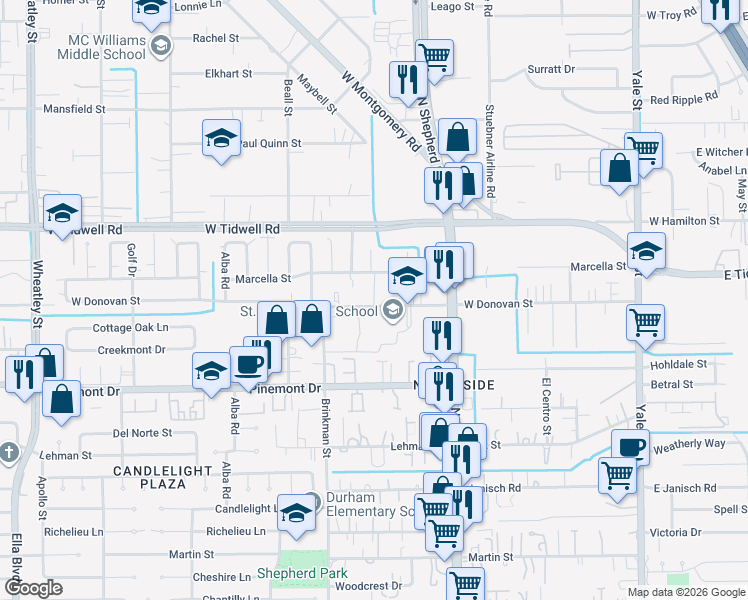 map of restaurants, bars, coffee shops, grocery stores, and more near 912 West Donovan Street in Houston